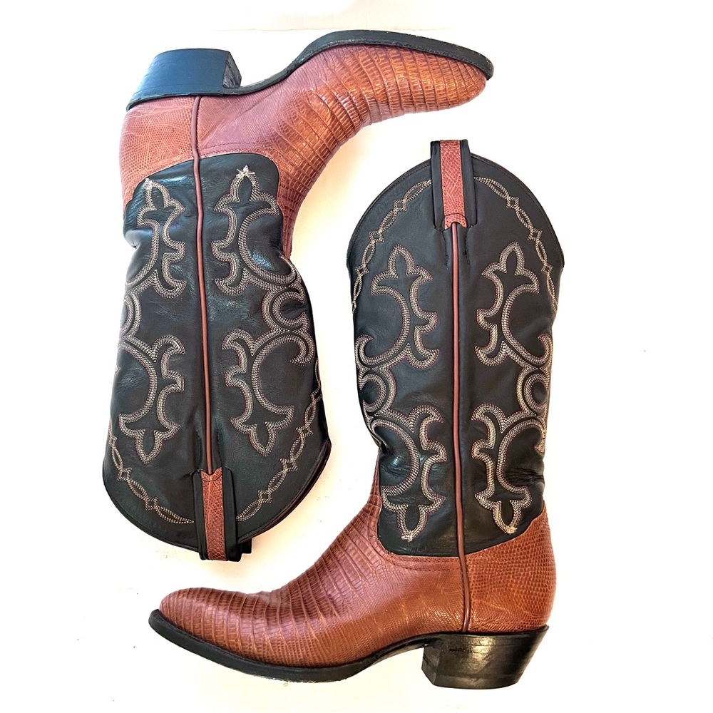 Vintage Cowboy Boots Gorgeous Larry Mahan Genuine Leather Lizard Black Brown 6